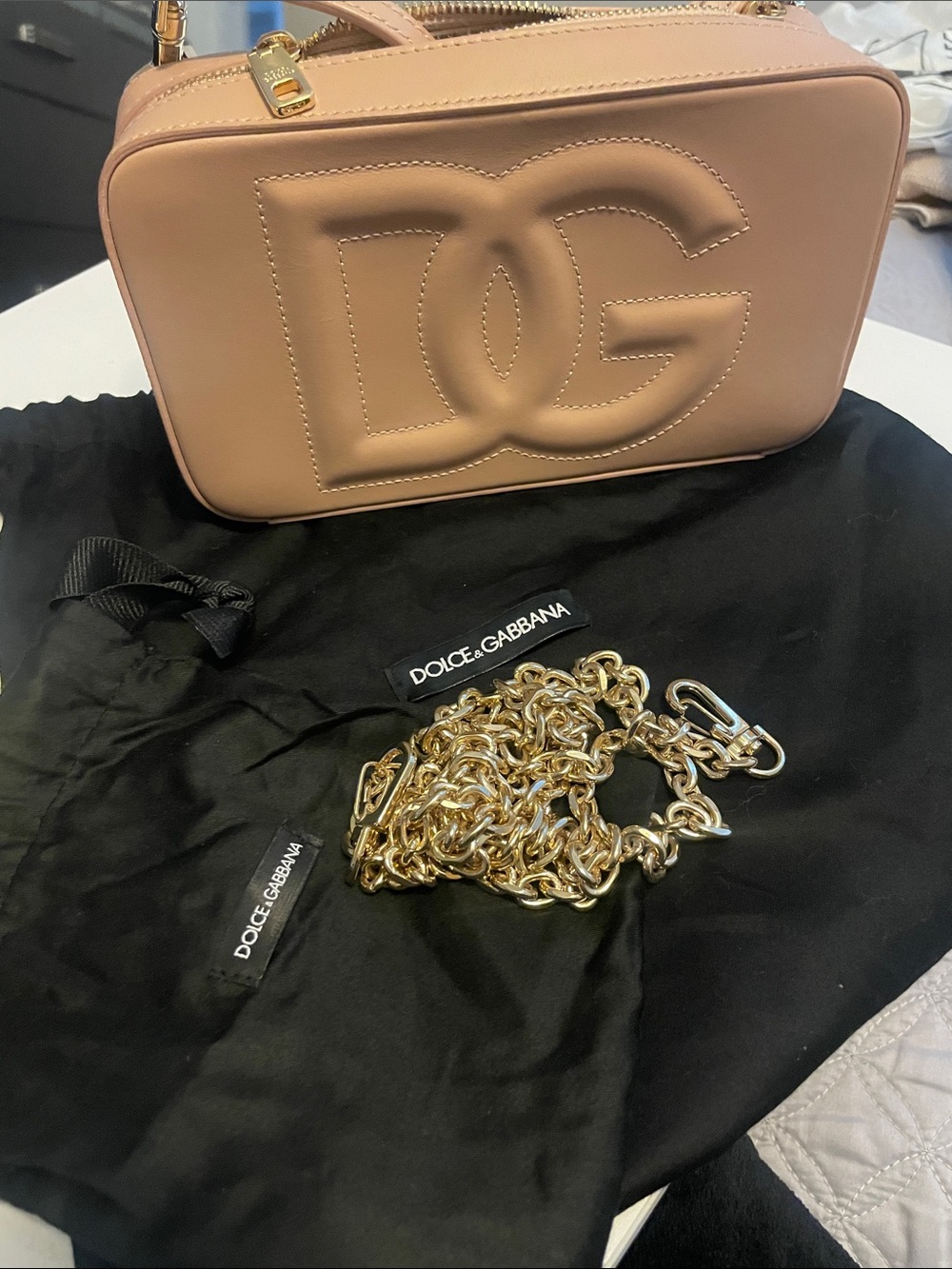 Dolce & Gabbana Blush Pink Leather DG Camera Bag with Gold Chain